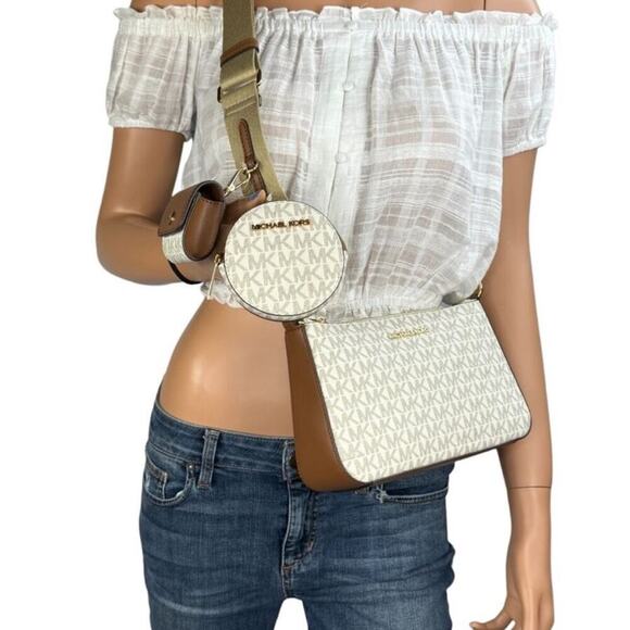 Michael Kors White/Tan Jet Set Logo Crossbody Bag with Case  Apple AirPods Pro - Picture 12 of 14